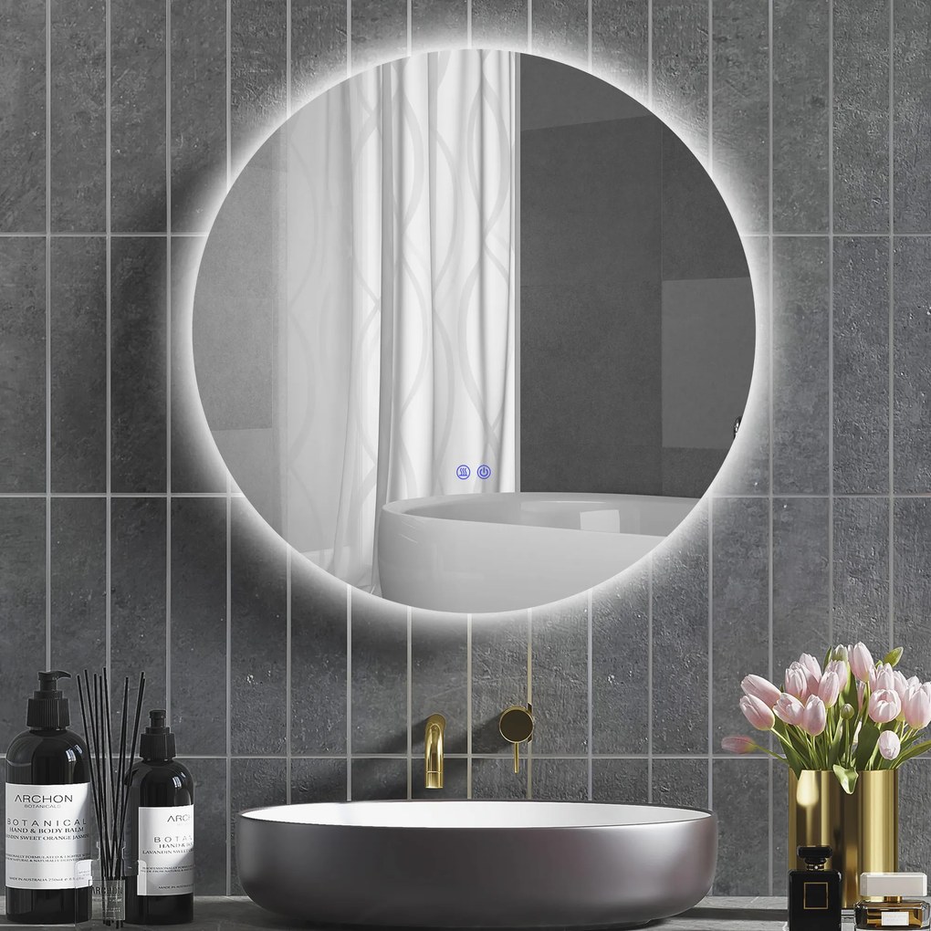 Espelho redondo de casa de banho com iluminação LED, Ø 80 cm, de parede, com interruptor tátil e sistema antiembaciamento branco, prateado