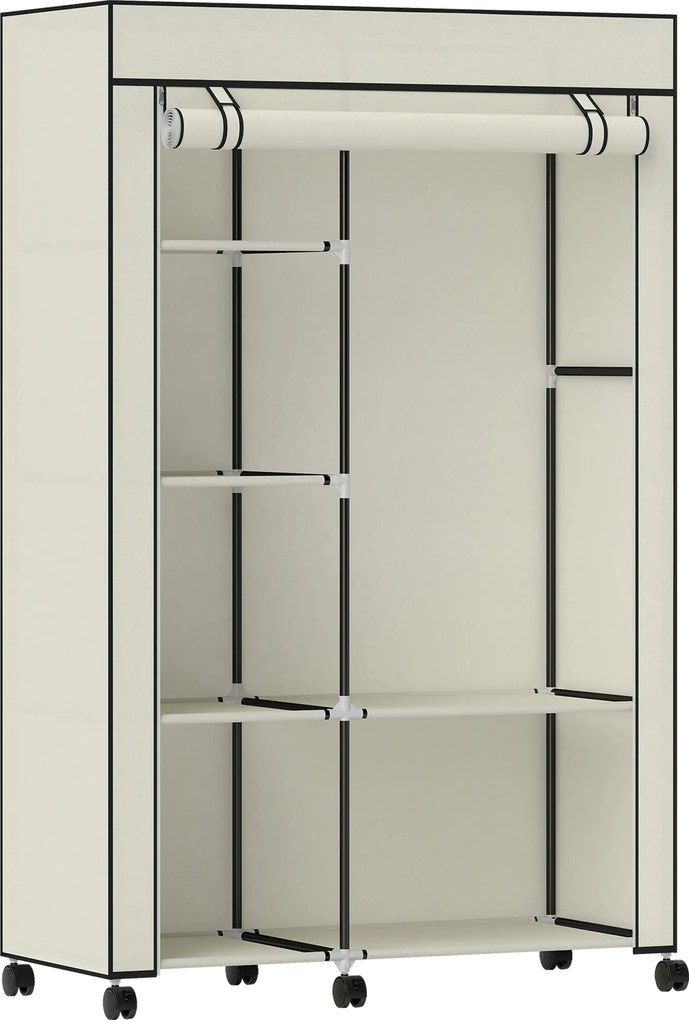 HOMCOM Roupeiro de Tecido Dobrável com 6 Prateleiras 1 Barra de Pendurar e Rodas para Dormitório Vestidor 103x43x162,5 cm Creme | Aosom Portugal