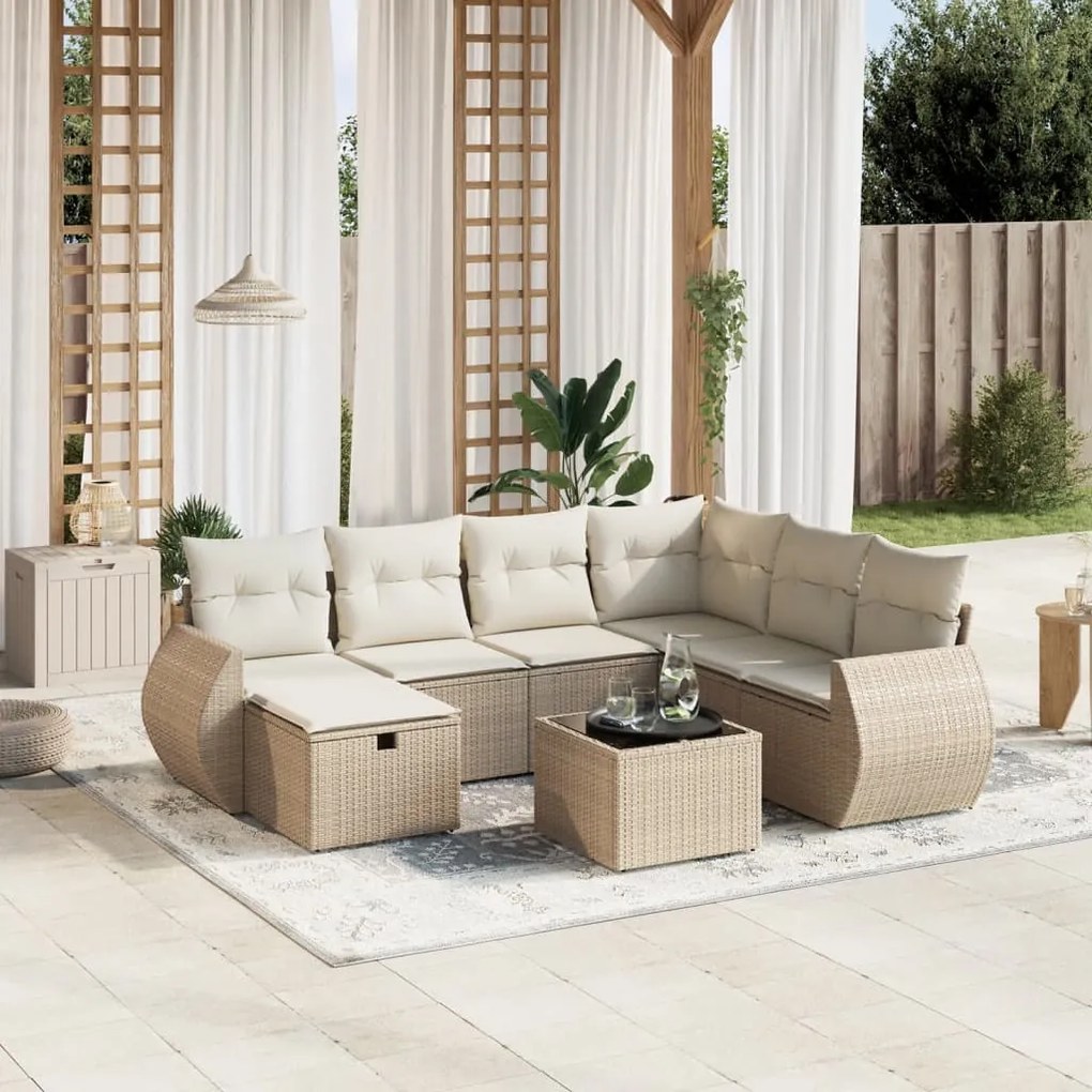 8 pcs conjunto de sofás p/ jardim com almofadões vime PE bege