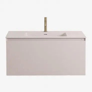 Conjunto De Móvel De Casa De Banho Suspenso Em Madeira Com Lavatório Integrado Macrae Crema Linho & Sem Espelho & Dourado Escovado ↑20 Cm Com Válvula