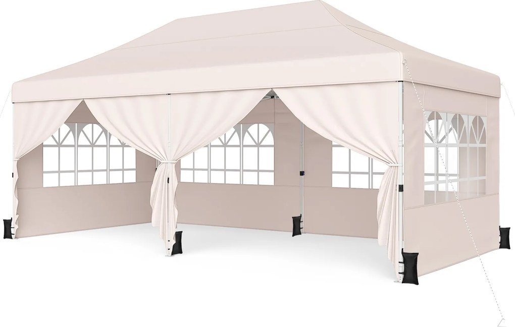 Tenda de Jardim Dobrável com 6 pesos, 600 x 300 x 310 cm, Paredes Laterais Removíveis, Bege