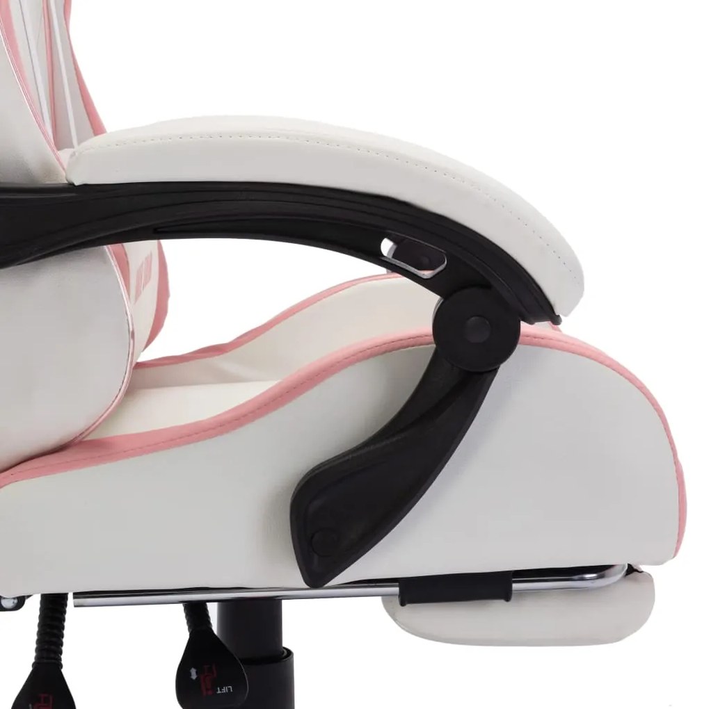 Cadeira estilo corrida c/ luzes LED RGB couro arti. rosa/branco