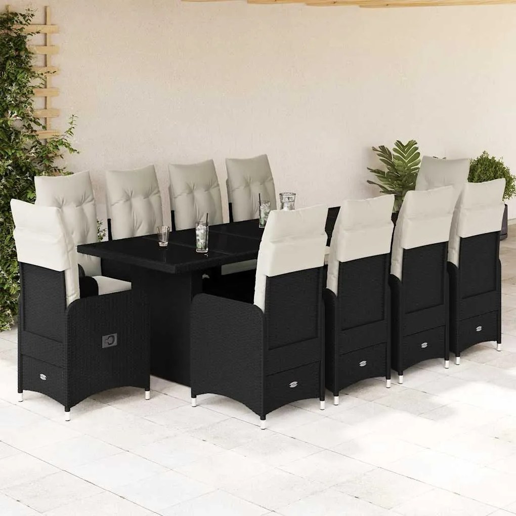 vidaXL 11 pcs conjunto de bistrô p/ jardim c/ almofadões vime PE preto