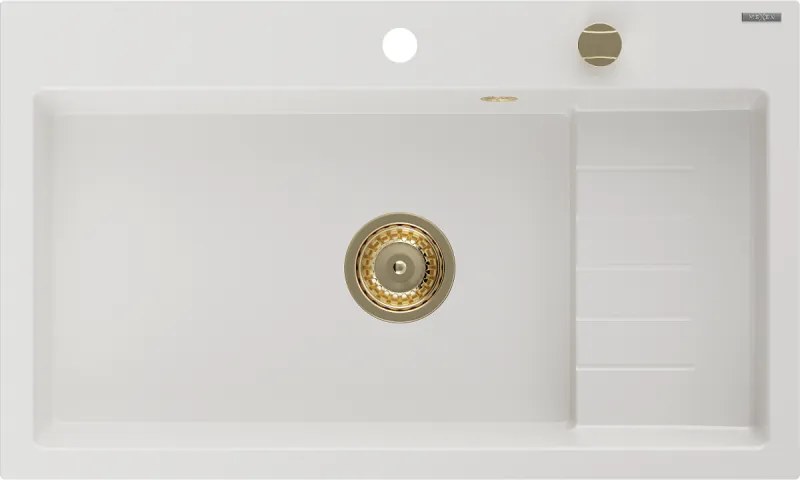 Mexen Omar lava-louça de granito de 1 bacia 800 x 480 mm, branco, sifão dourado - 6520801005-20-G