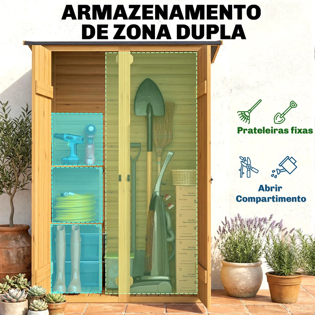 Abrigo de Jardim de Madeira 115x53x156 cm Armário Exterior para Ferramentas com Portas Duplas Castanho