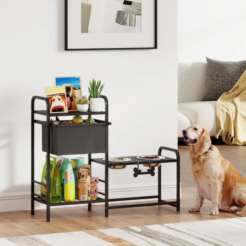 Comedouro Elevado para Cães com Gaveta em Tecido 2 Taças de Aço Inoxidável 2x800 ml 89,5x27x74 cm Altura Ajustável 2 Prateleiras Preto