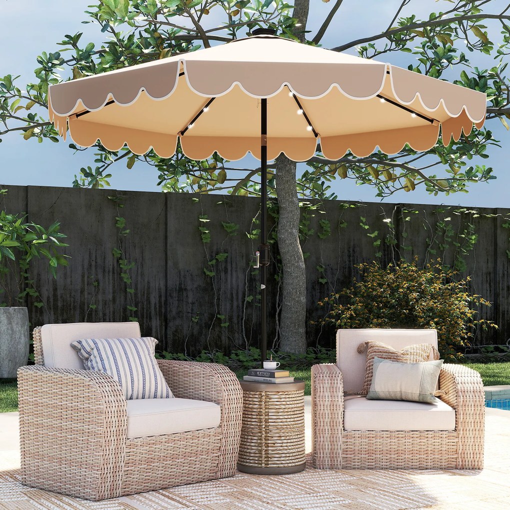 Guarda-sol de pátio de 300 cm com 24 luzes LED, parte superior ventilada, folhos e ajuste de inclinação, café