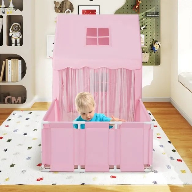 Tenda infantil 2 em 1 com Luzes de estrelas 177 x 97 x 136 cm Tapete Cortinas Janelas para crianças 3+ anos Interior Rosa