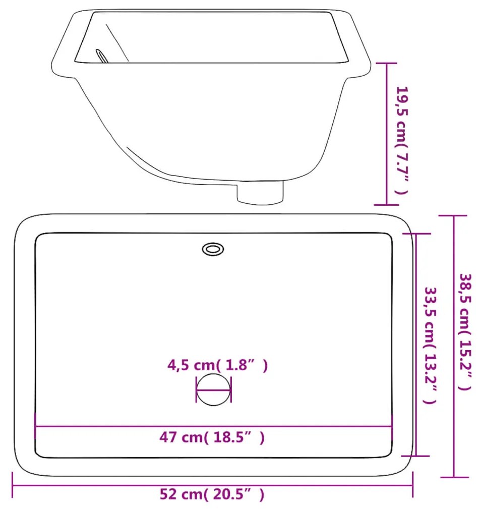 Lavatório casa de banho retangular 52x38,5x19,5 cerâmica branco