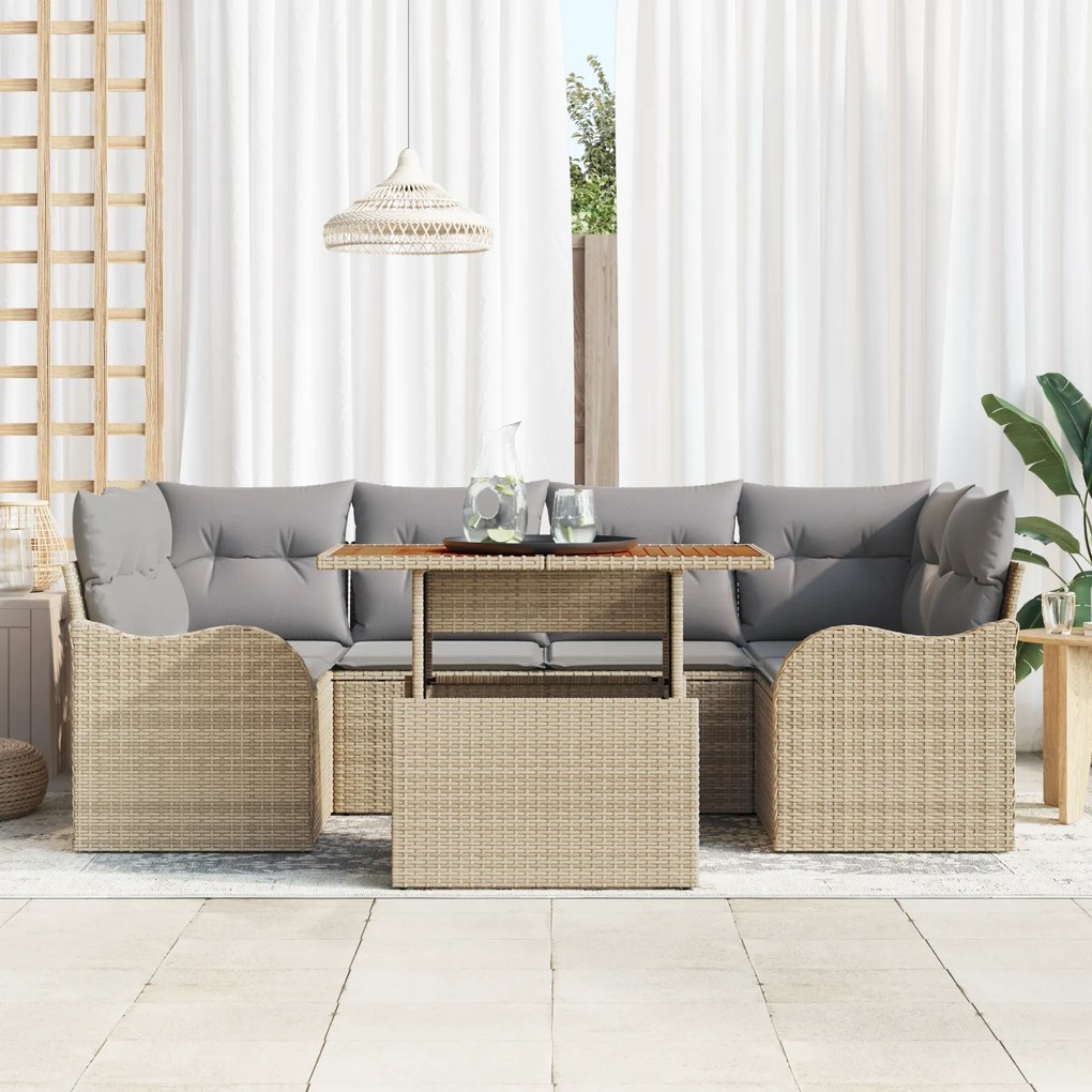Conjunto de Sofá de Jardim de 7 Peças com Almofadas Bege em Vime Polié