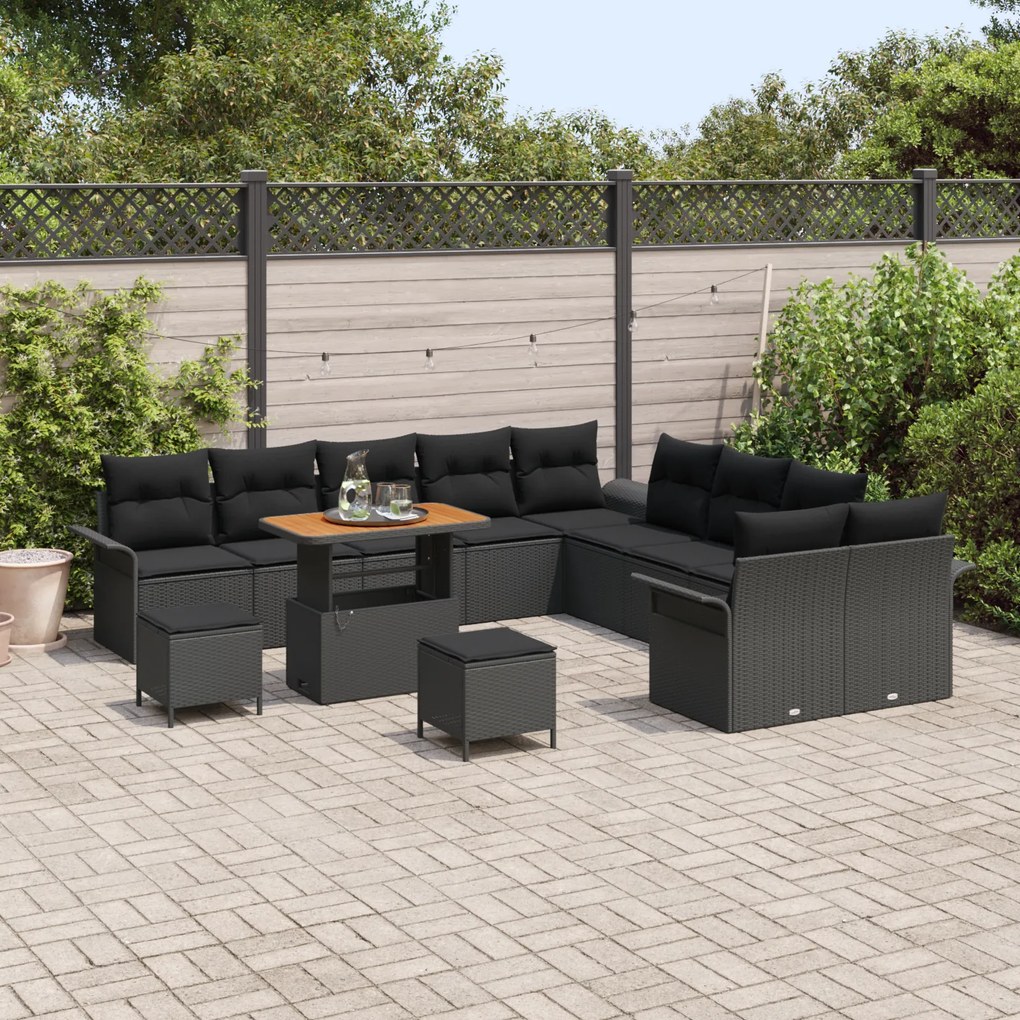 Conjunto de Sofá de Jardim de 13 Peças com Almofadas Preto Vime Acácia