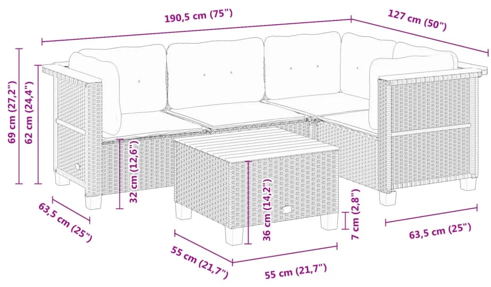 5 pcs conjunto sofás de jardim c/ almofadões vime PE cinzento