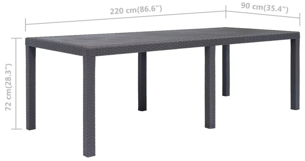 Mesa de jardim 220x90x72cm plástico castanho com aspeto de vime