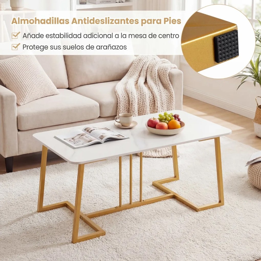Mesa centro com tampo em pedra Sierra Nevada estilo mármore e estrutura dourada, 90 x 50 x 41,5 cm Branco + Dourado