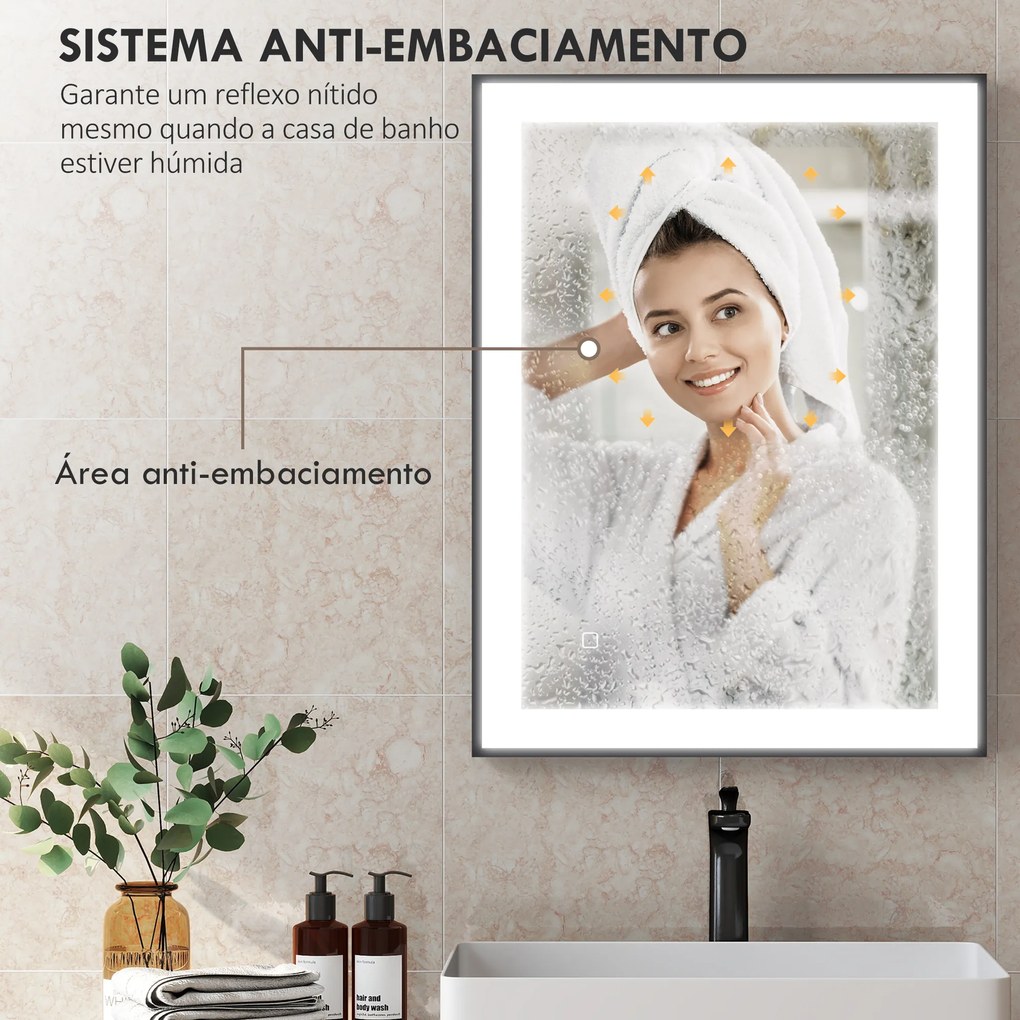 Espelho Casa de Banho com Luz LED 80x60 cm Iluminação Ajustável Função Anti-Embaciamento Função Memória Preto