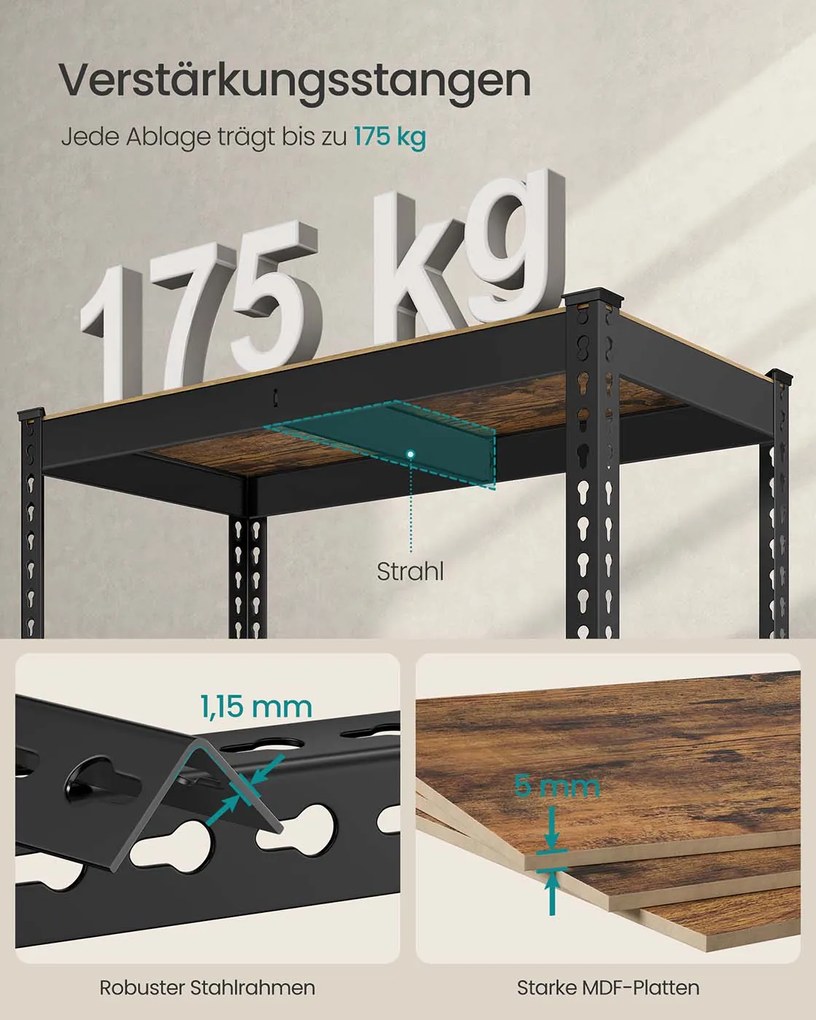 Estante para cargas pesadas com 5 prateleiras 45 x 90 x 180 cm castanho vintage