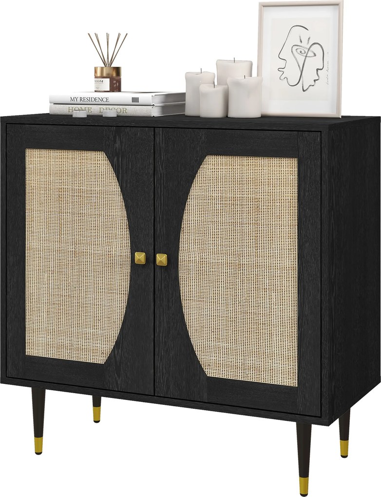 Aparador de cozinha com design boémio, duas portas e dois níveis, frente em rattan, 80 x 38 x 79 cm, preto