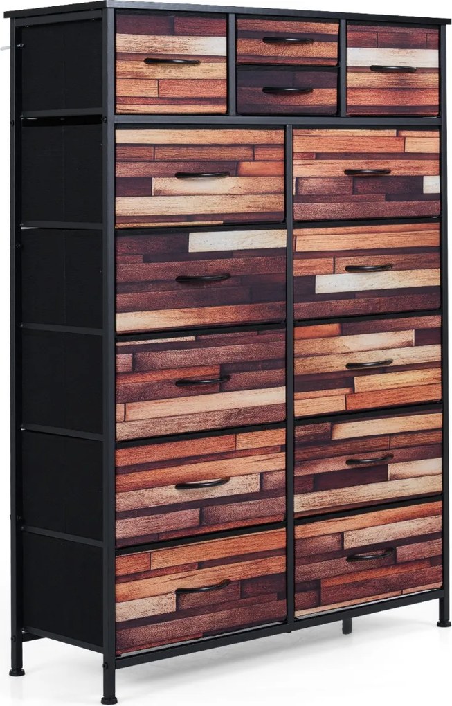 Cómoda com 14 gavetas com gavetas em tecido 85 x 30 x 120 cm, estrutura metálica, organizador para quarto Preto + Castanho