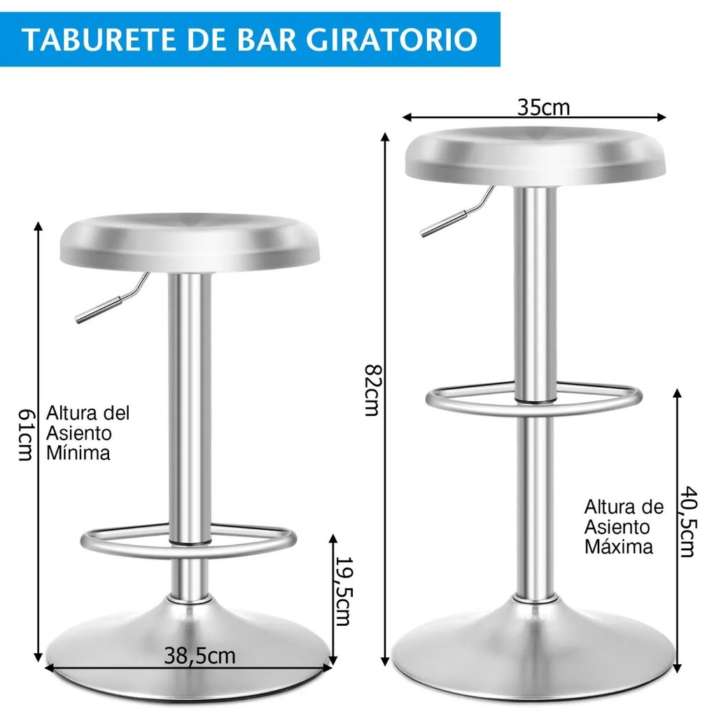 Banco bar giratório ajustável com apoio para os pés, alça e base em aço inoxidável de 82 cm para cozinha ou cafetaria, prateado