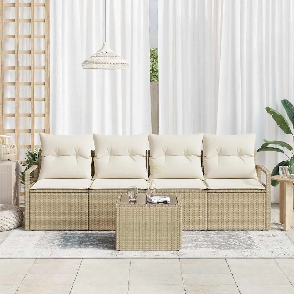 Conjunto de Sofás de Jardim de 5 Peças com Almofadas em Vime Bege