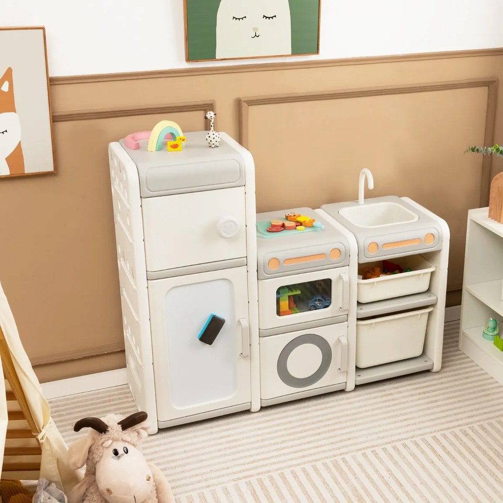 Organizador de arrumação de brinquedos para crianças Estante para crianças com quadro magnético Baú com armarios 116 x 38 x 98 cm Cinzento