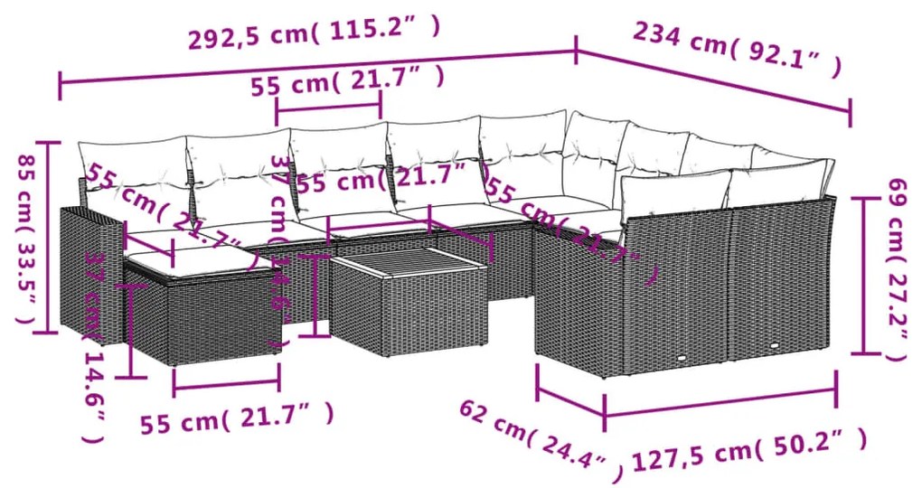 11 pcs conjunto sofás de jardim c/ almofadões vime PE bege