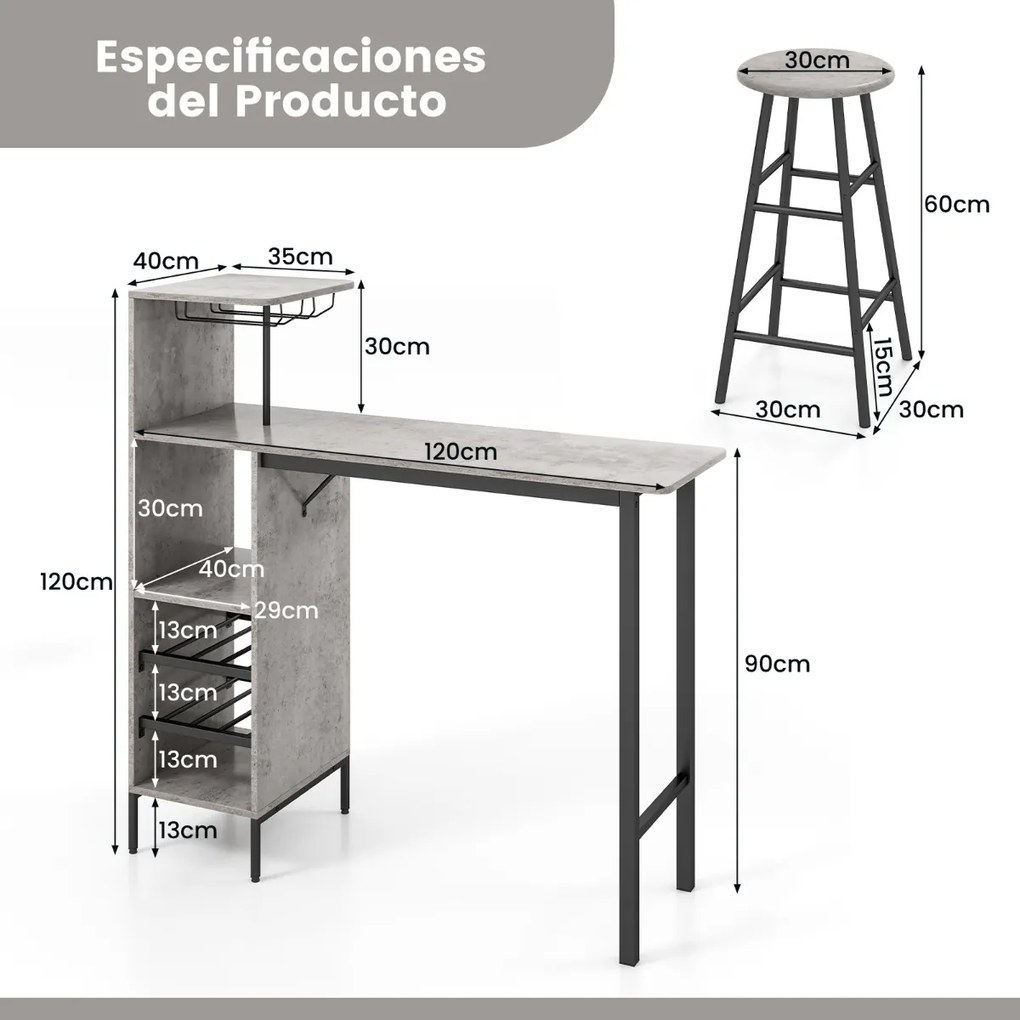 Conjunto de 3 peças de mesa e cadeiras de bar, mesa industrial e bancos com porta-copos, prateleiras para sala de jantar, cozinha Cinzento