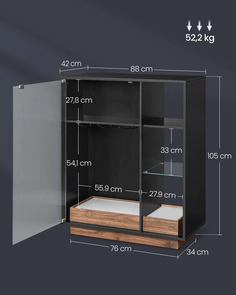 Garrafeira para vinhos com iluminação e porta de vidro canelado 42 x 88 x 105 cm Preto