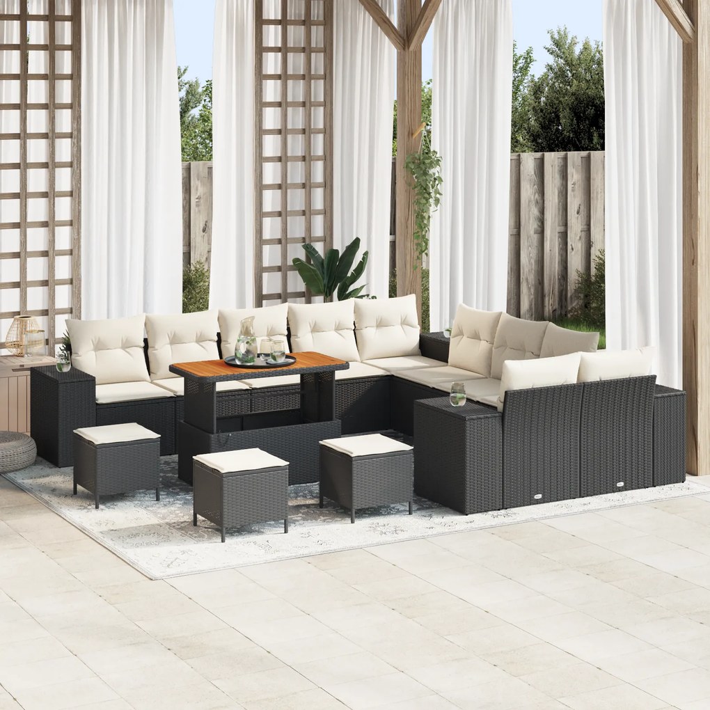 Conjunto de Sofás para Jardim vidaXL com Almofadas Preto Rattan Polipr