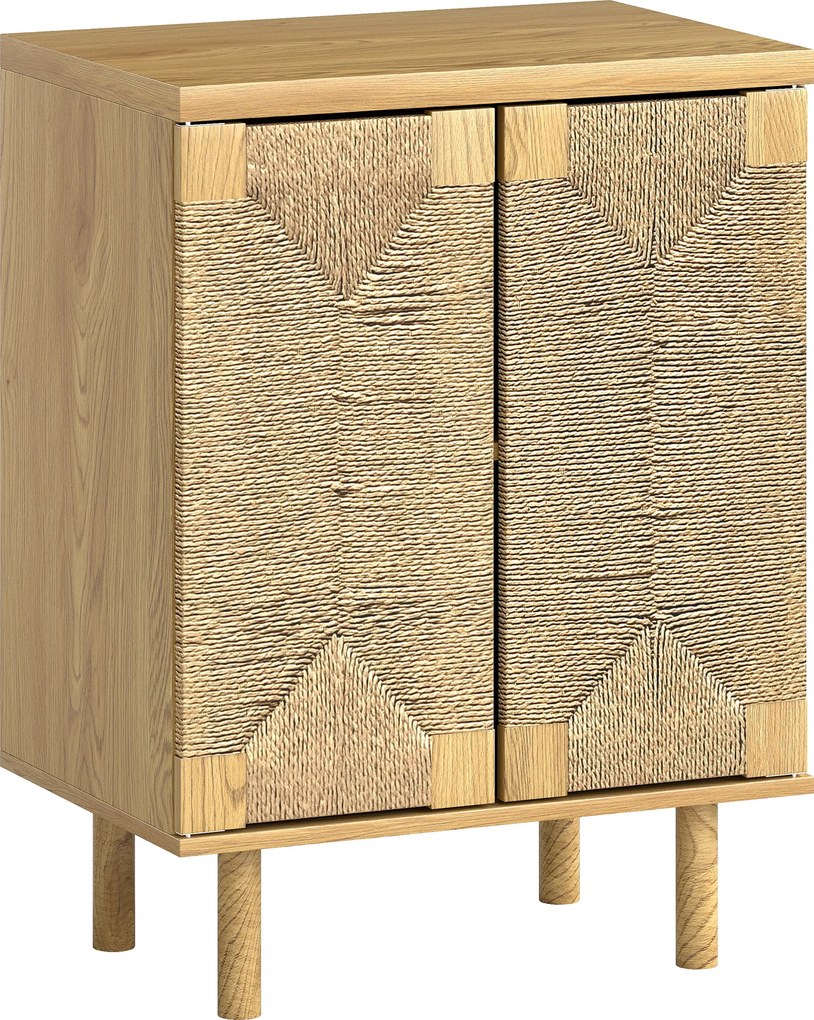 HOMCOM Aparador Boémio de 2 Portas com Corda Tecida à Mão Prateleira Ajustável Abertura por Pressão 60x40x78 cm Carvalho | Aosom Portugal
