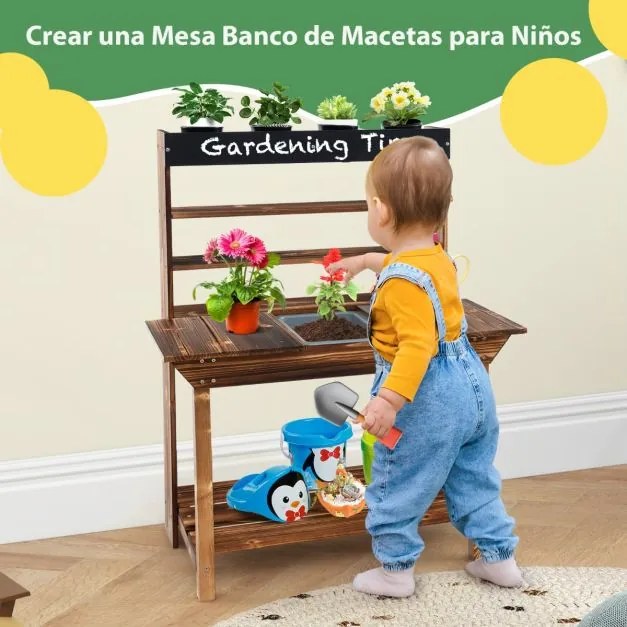 Mesa de jardim para crianças de abeto para crianças dos 3 aos 7 anos com pia amovível 4 vasos Quadro negro adicional Jardim