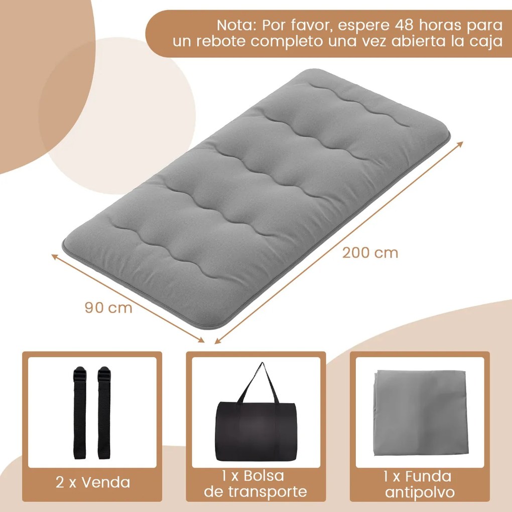 Colchão enrolável para o chão com capa lavável e com bolsa de transporte 200 x 90 x 10 cm - cinzento