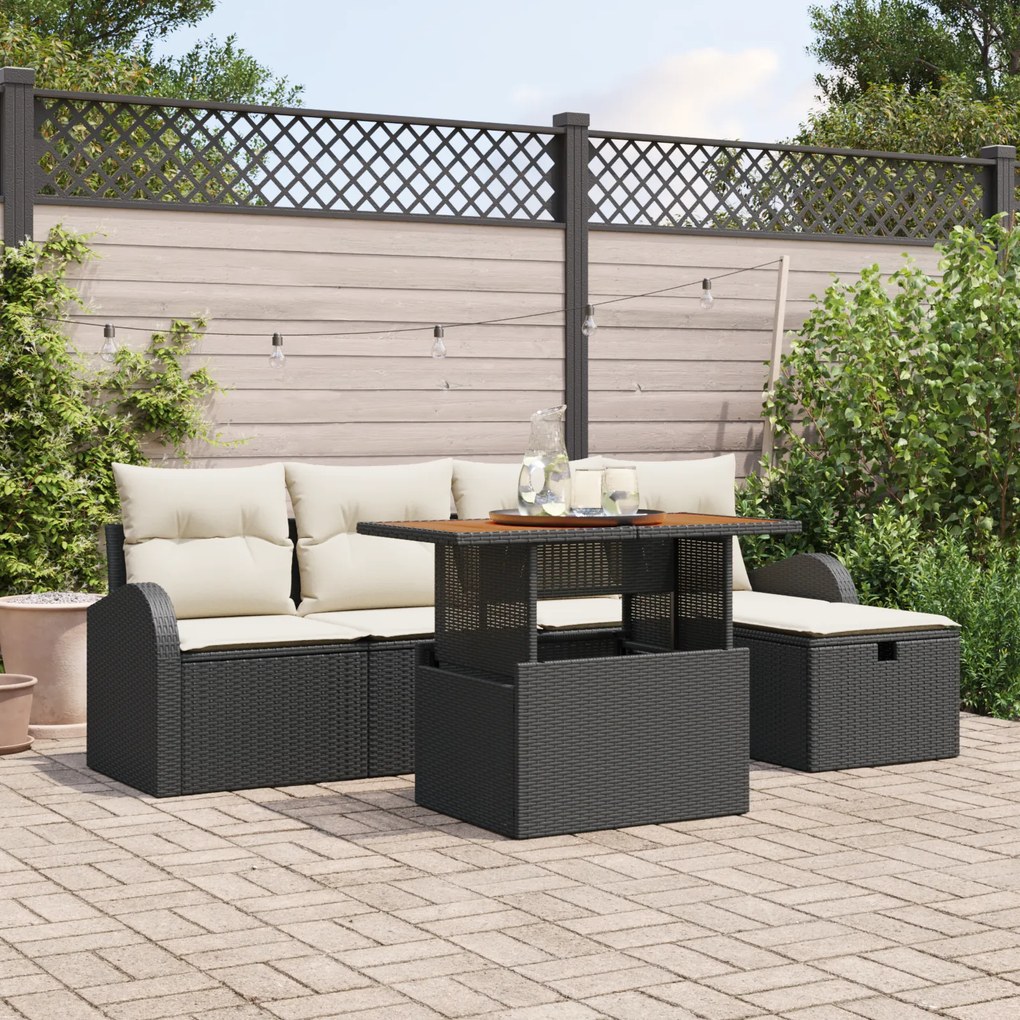 Conjunto de Sofás de Jardim de 6 Peças com Almofadas Preto Vime Sintét