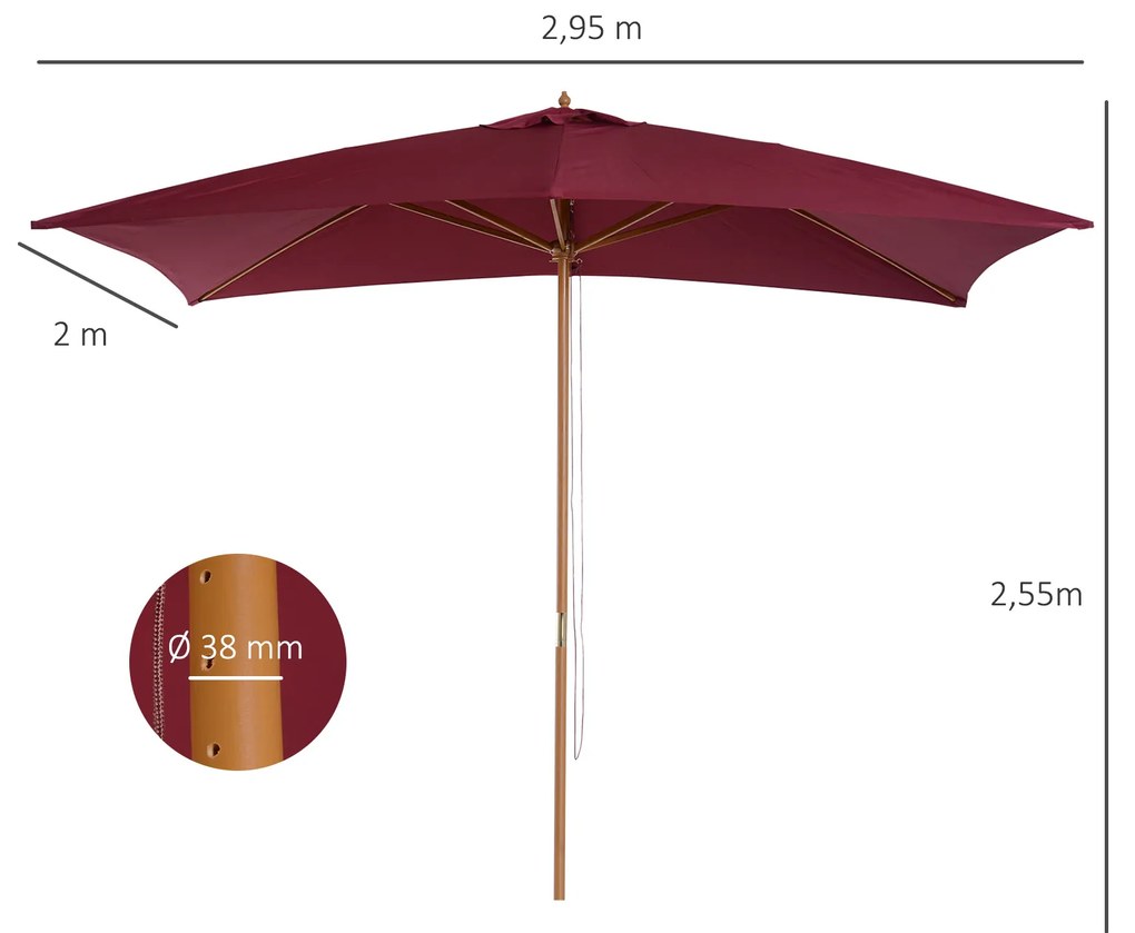 Outsunny Chapéu de Sol de Jardim com Sistema de Polia Teto Ventilado e Mastro de Madeira para Terraço Pátio Exterior 2,95x2x2,55m Vinho