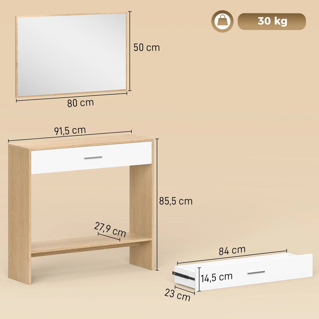 Mesa Consola de Entrada com Espelho, Gaveta e Prateleira para Corredor 91,5x27,9x85,5 cm Carvalho