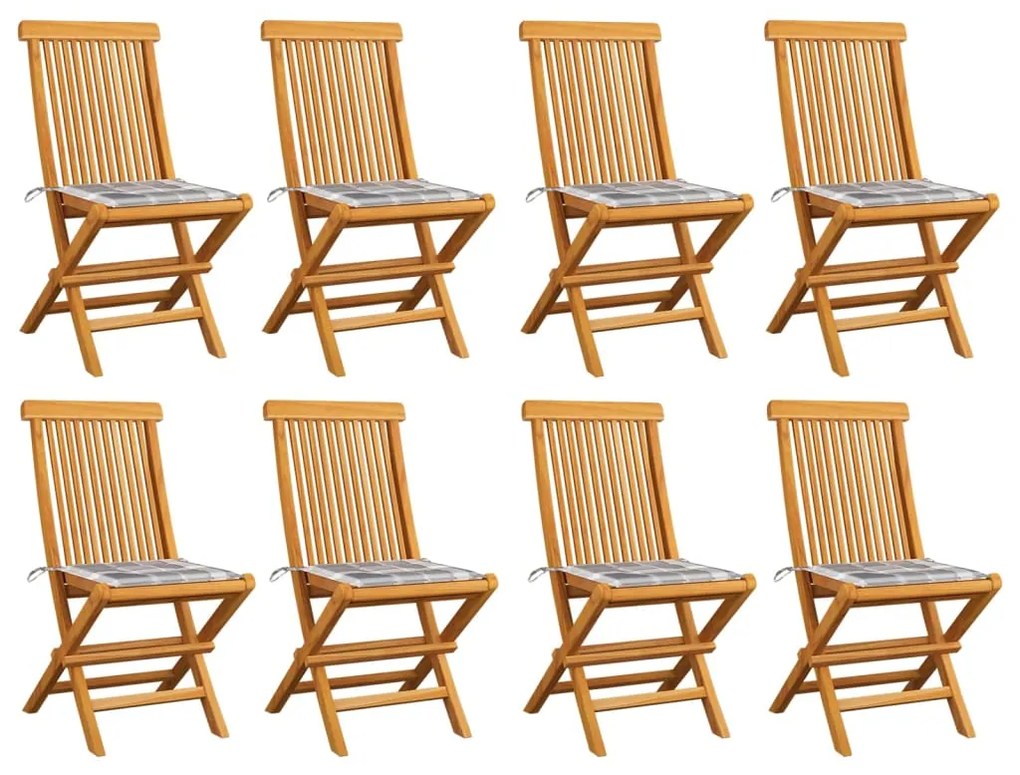 vidaXL Cadeiras de jardim c/ almofadões xadrez cinzento 8 pcs teca