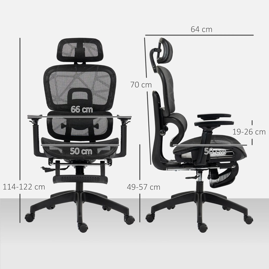 Cadeira de escritório, cadeira de escritório ergonómica em malha com braços 3D, encosto reclinável, 66 x 64 x 122 cm, preta