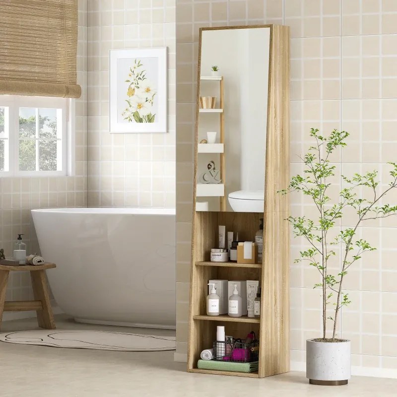 Móvel de casa de banho em forma de coluna trapezoidal com porta espelhada, prateleira com 6 níveis, 40 x 30 x 165 cm