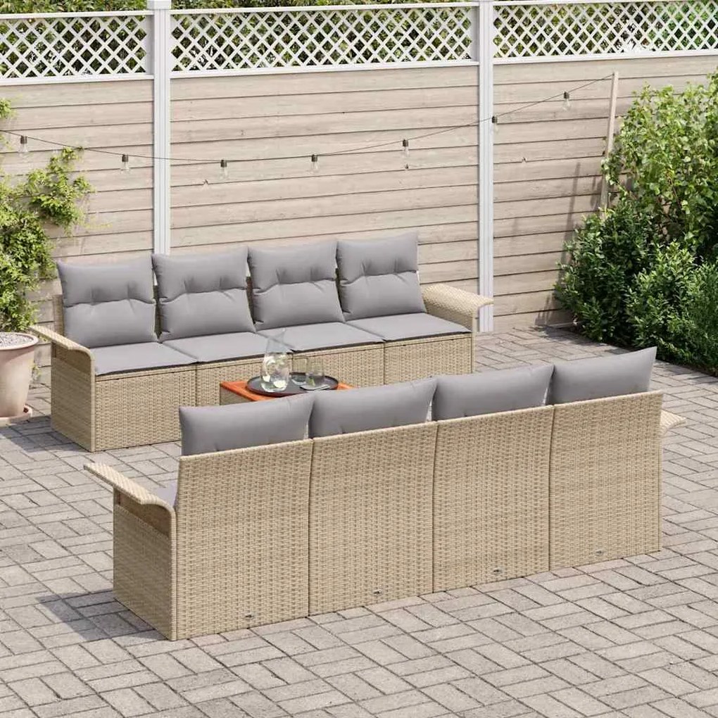 Conjunto de Sofá Jardim 9 Peças com Almofadas Bege em Rattan Sintético