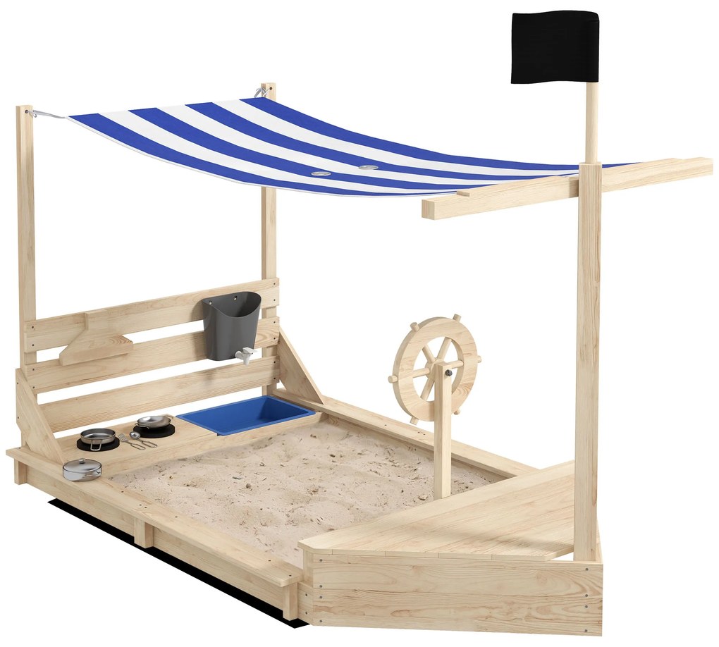 Outsunny Caixa de Areia para Crianças de Madeira com Toldo Brinquedos de Cozinha e Forma de Barco para Jardim 180x103x144,5 cm Natural