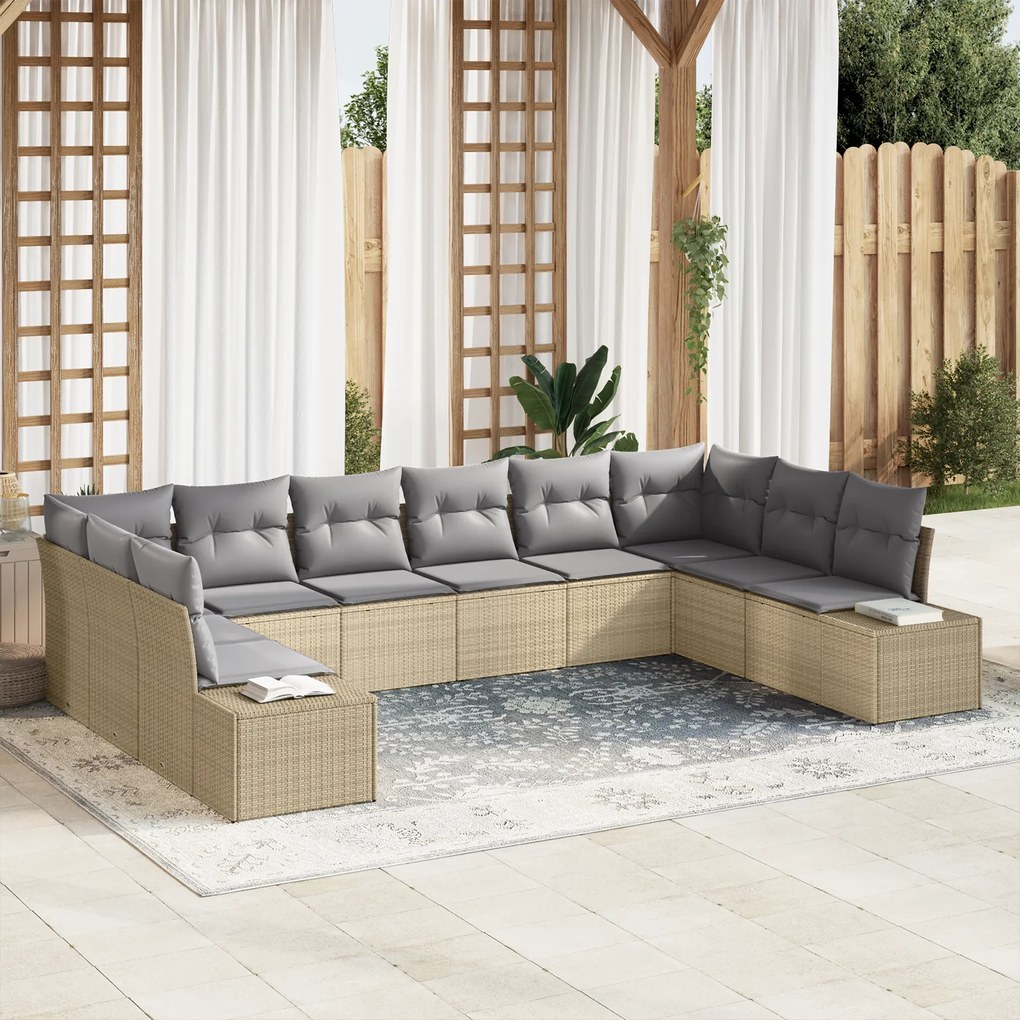 vidaXL Conjunto de Sofá de Jardim de 10 Peças com Almofadas Bege de Rattan