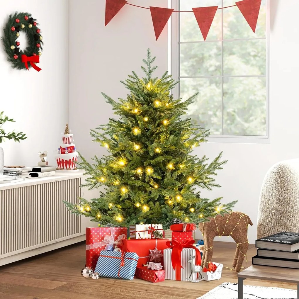 Árvore de Natal artificial pré-iluminada 135 cm, 442 pontas de ramos, 160 luzes LED, folhas mistas de PE e PVC, Verde