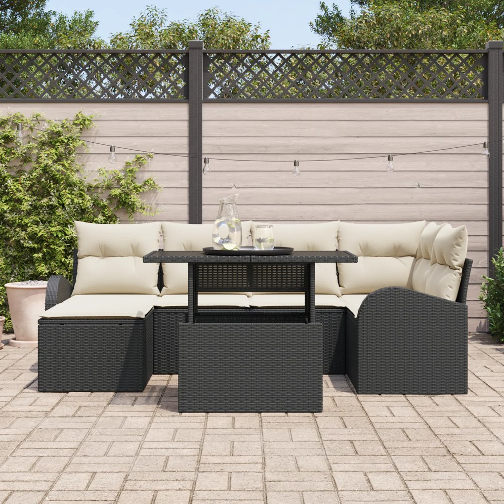 Conjunto de Sofá de Jardim de 7 Peças com Almofadas Rattan Poliéster P