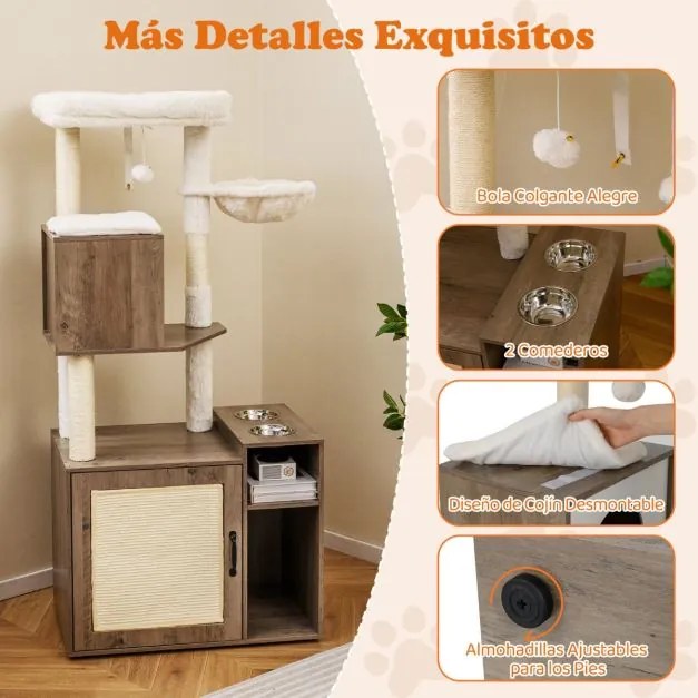 Móvel para areia (CAIXA AREIA NÃO INCLUIDA) de gatos 2 em 1 com arranhador 72 x 45,5 x 155 cm, com 2 comedouros castanho