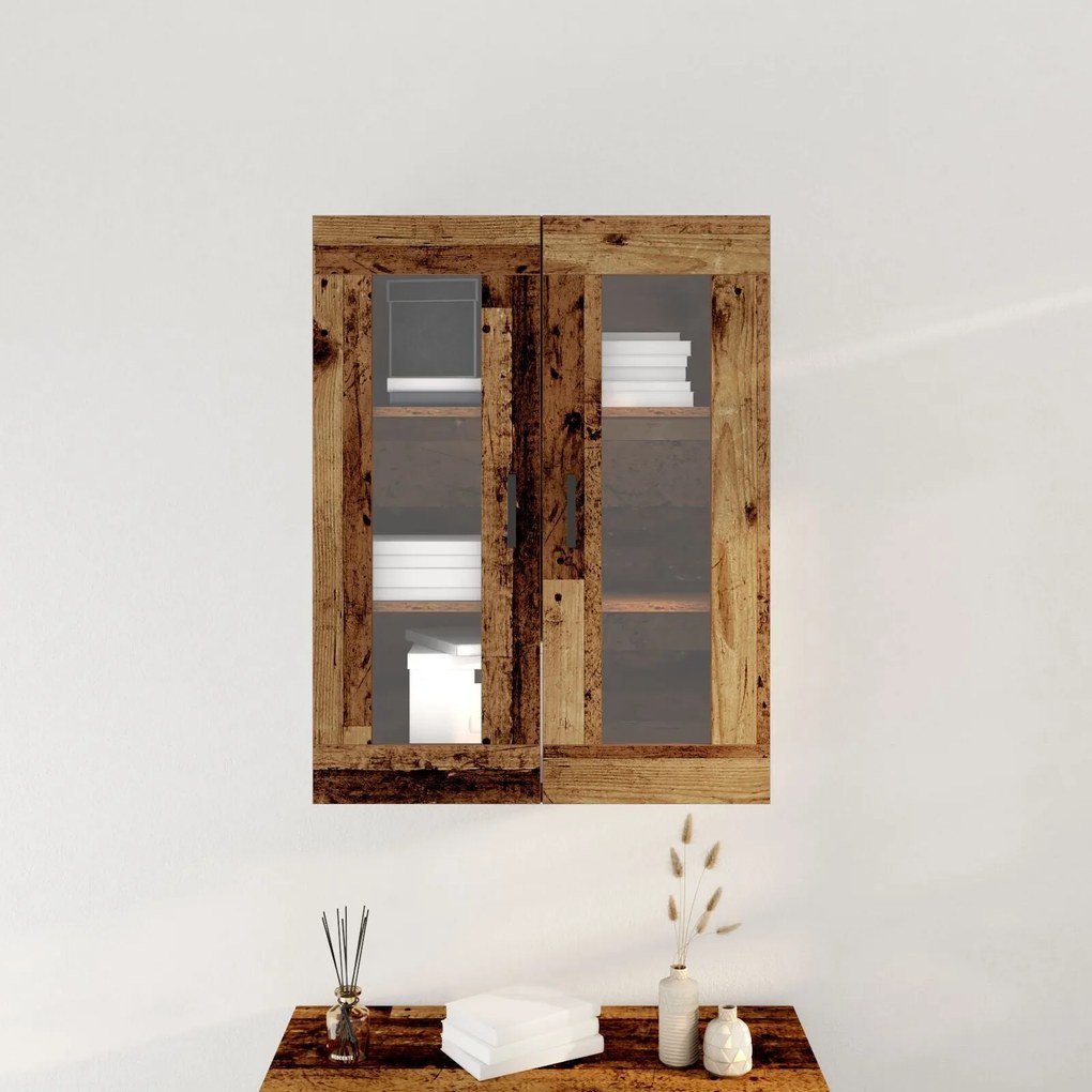 Armário Montado na Parede com Portas de Vidro - Madeira Velha - 69.5x3
