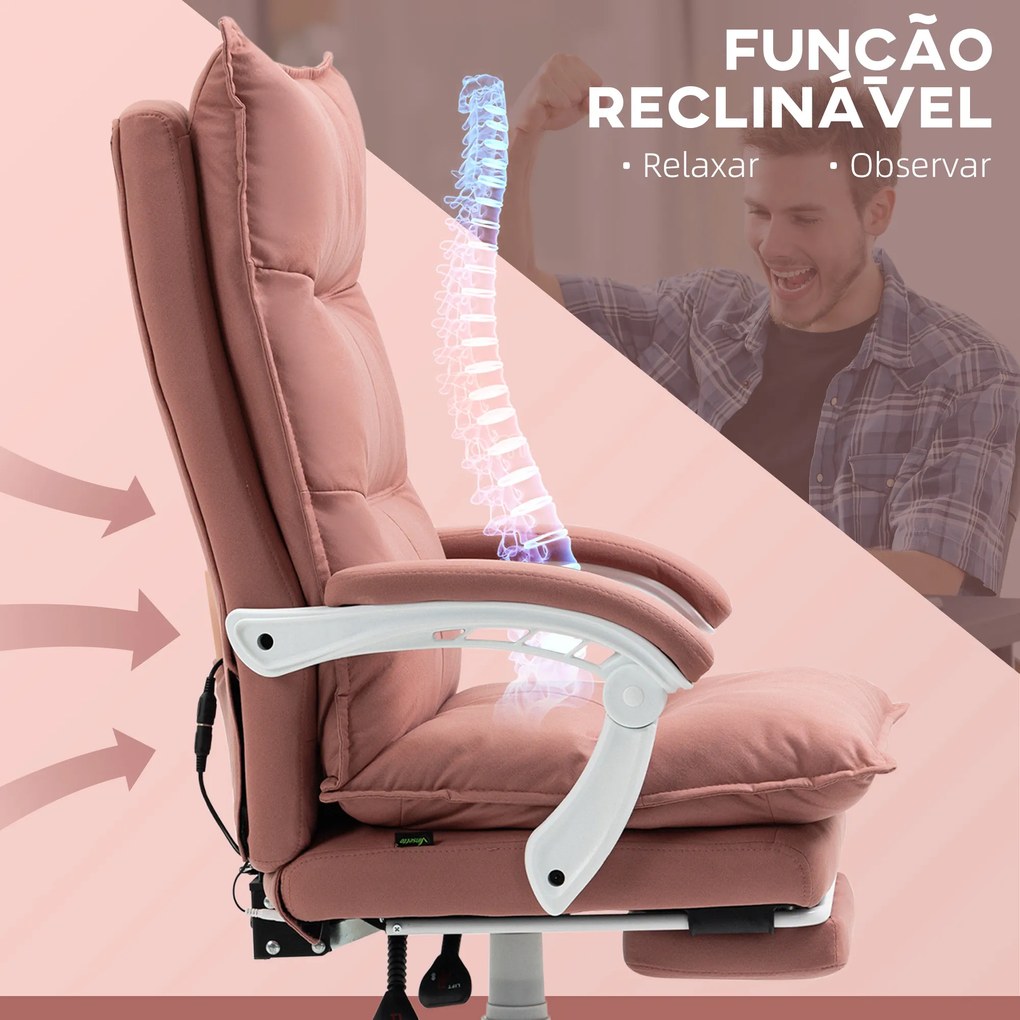 Cadeira de Escritório com 6 Pontos de Massagem e 5 Modos Reclinável com Função de Aquecimento 66x74x114-121,5 cm Rosa