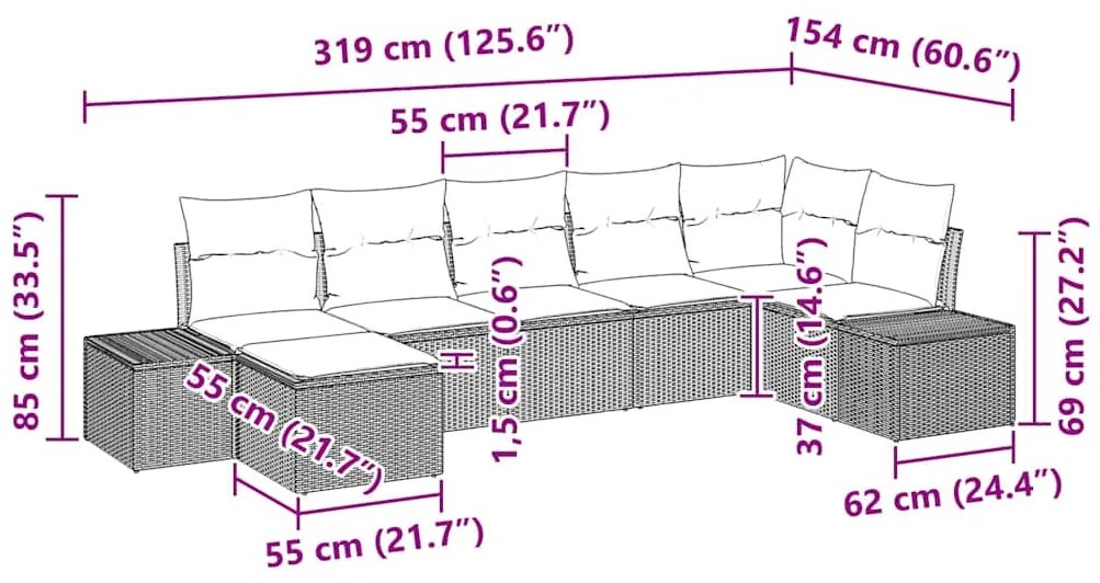 Conjunto de Sofá de Jardim de 7 Peças com Almofadas Cinzento Rattan Si