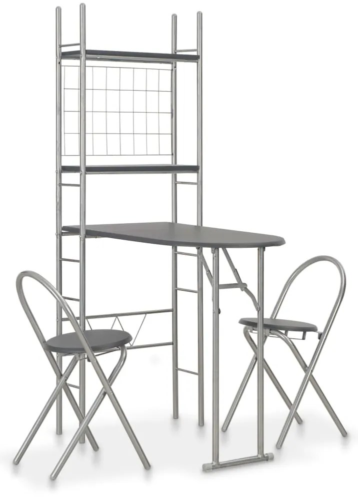 3 pcs conjunto jantar dobrável com prateleira MDF e aço preto