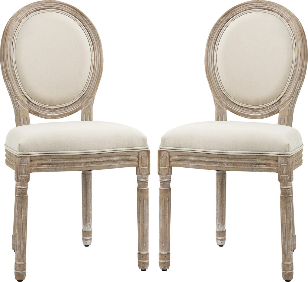 Conjunto de 2 cadeiras de sala de jantar (MESA NÃO INCLUIDA) ao estilo Luís XVI - Madeira maciça esculpida, com acabamento patinado - Aspecto de linho
