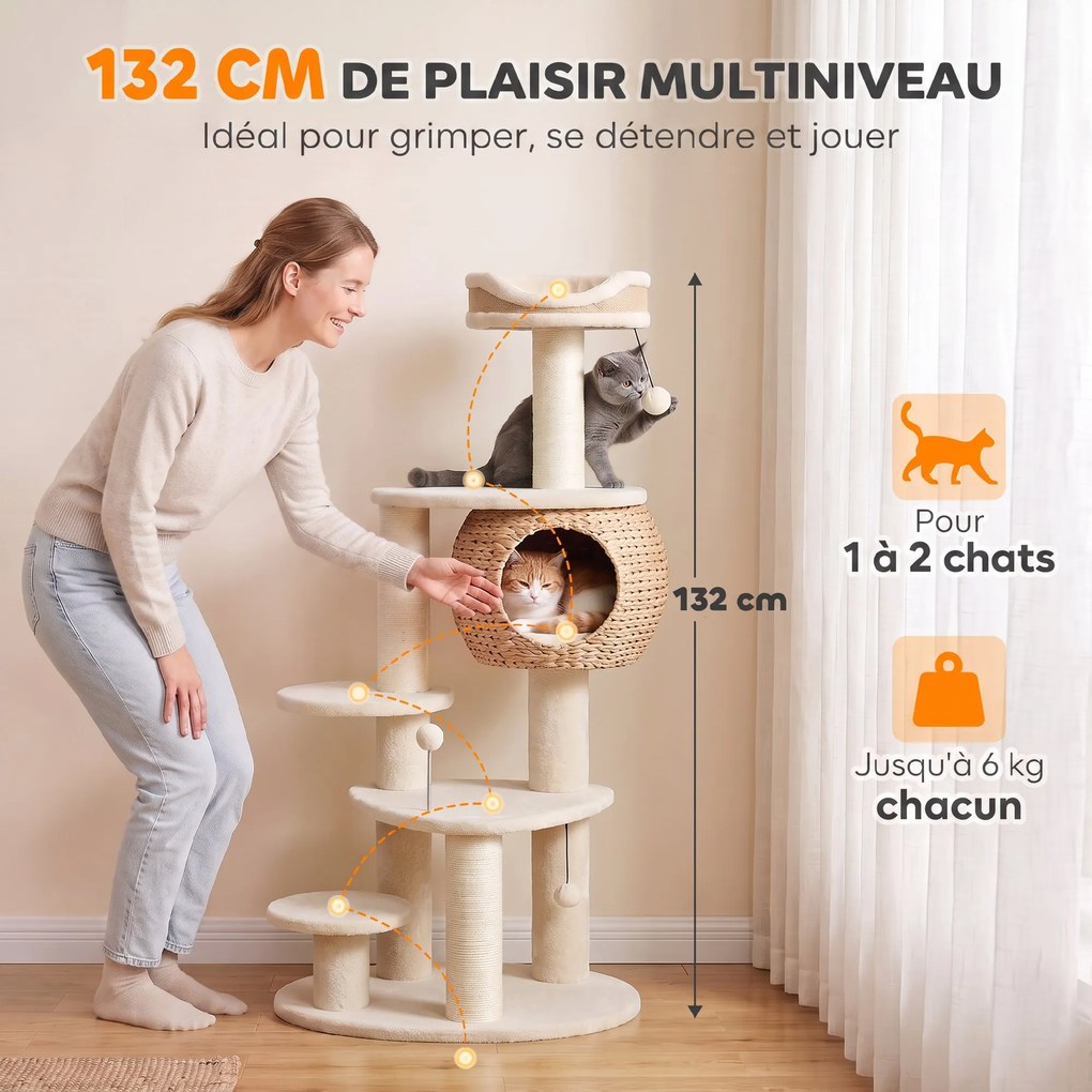 Árvore para Gatos de 4 Níveis, 60 x 48 x 132 cm, Casa em Junco Entrançado à Mão, Bege